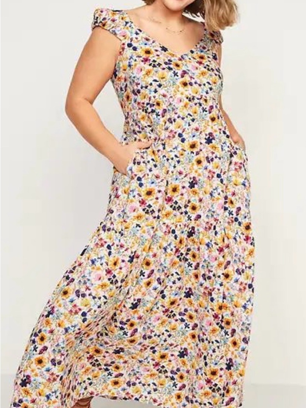 NWOT Old Navy Wildflower Floral Tiered Cap Sleeve Fit Flare All Day Maxi Dress M